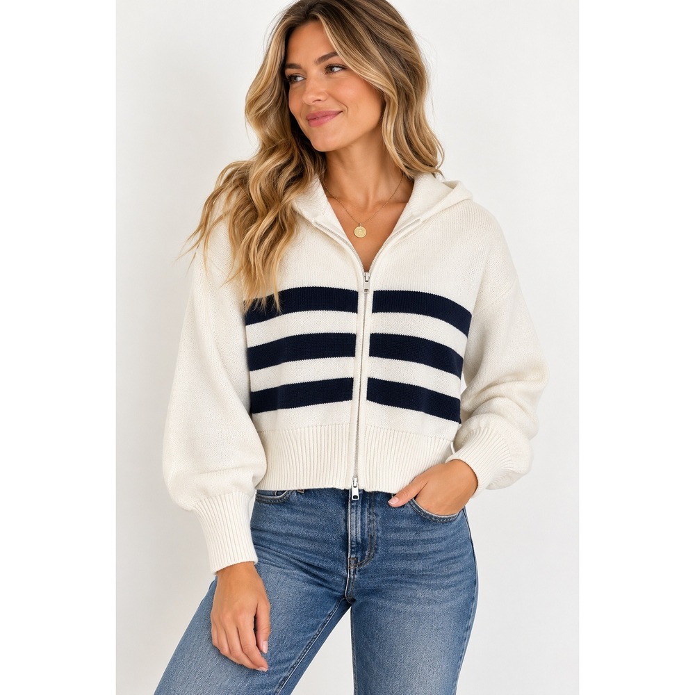 Garage Womens M Striped Full Zip Knit Hoodie Cream Blue Cropped Sweater